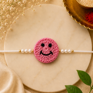 Handmade Crochet Smiley Face Rakhi with Pearl Beads