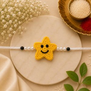 Handmade Crochet Smiley Star Rakhi with Pearl Beads