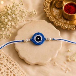Handmade Crochet Evil Eye Rakhi with Pearl Beads