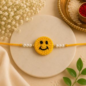 Handmade Crochet Smiley Face Rakhi with Pearl Beads
